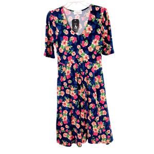 Lalo & Company Midi Dress Women's Size M Blue Floral  Jersey knit Half Sleeve